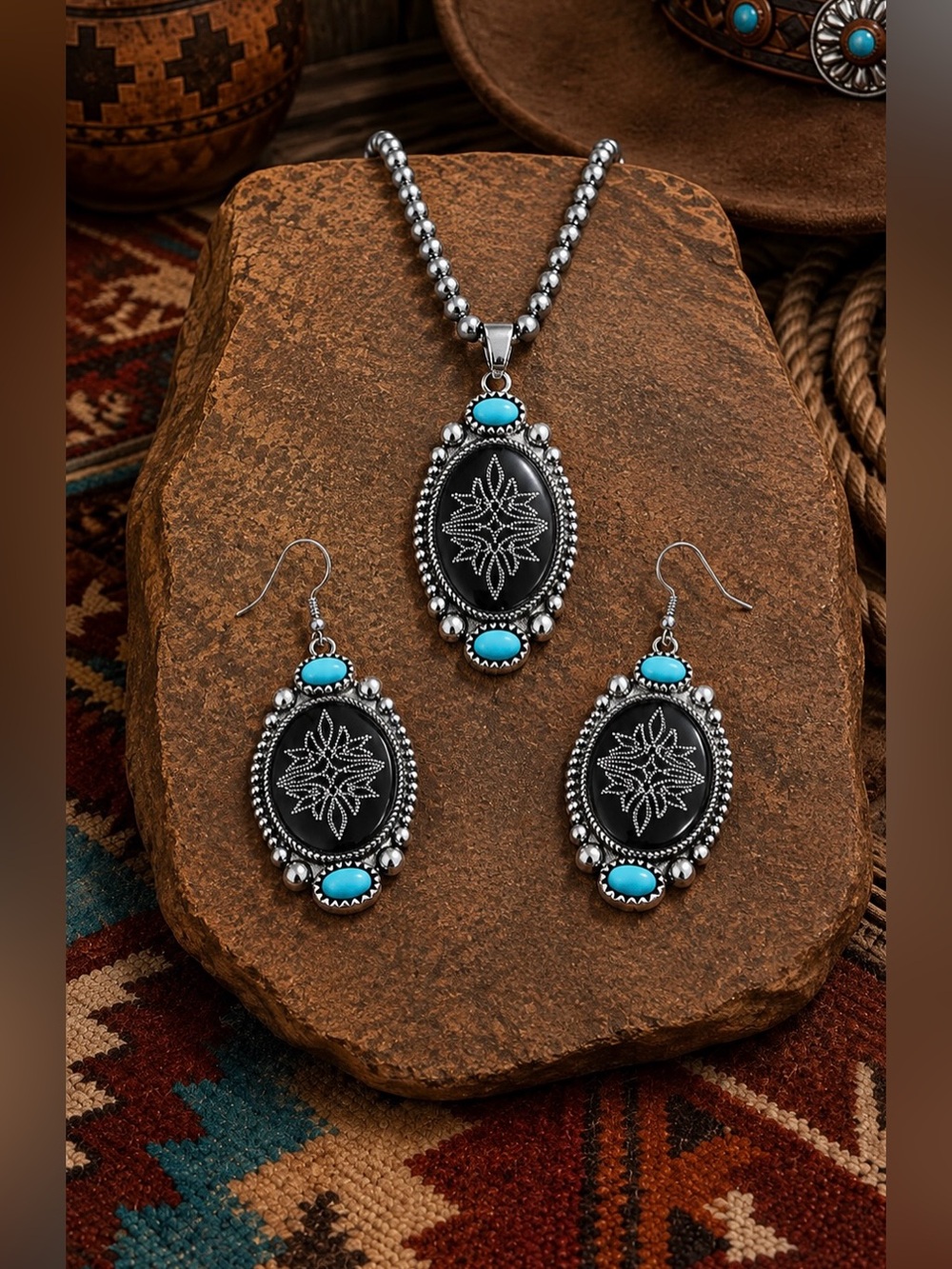 Western Theme Costume Faux Turquoise Black Boot Stitch Necklace Earrings Set